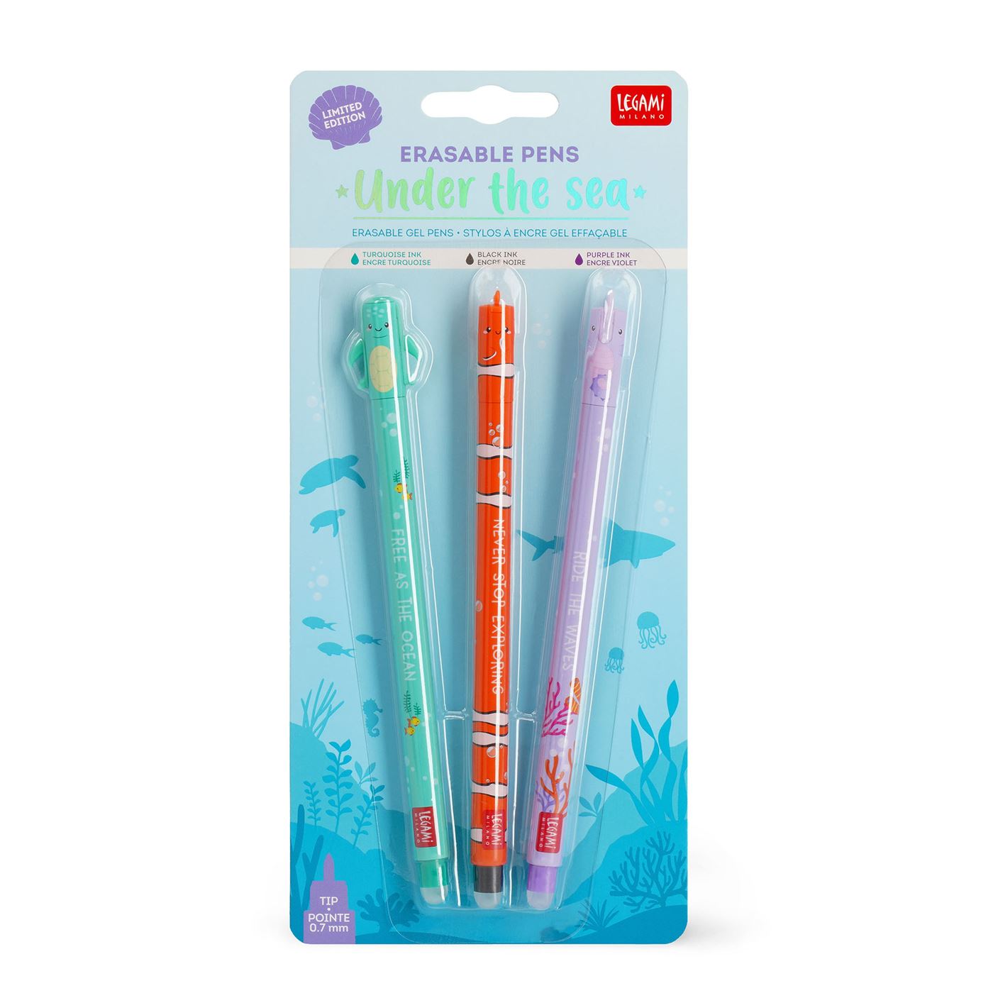 Legami Under The Sea Erasable Gel Pen Set - Sea Turtle, Clownfish, Seahorse