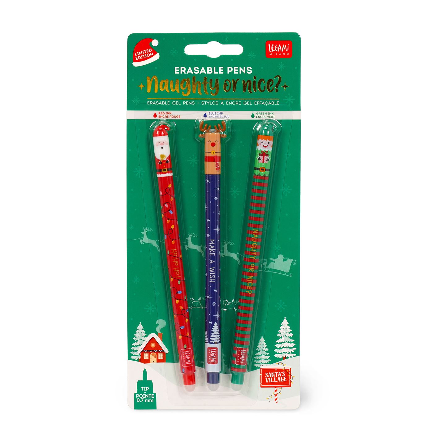 Legami Christmas Edition Naughty or Nice Erasable Gel Pen Set - NEW 2024 Santa, Rudolph, Elf