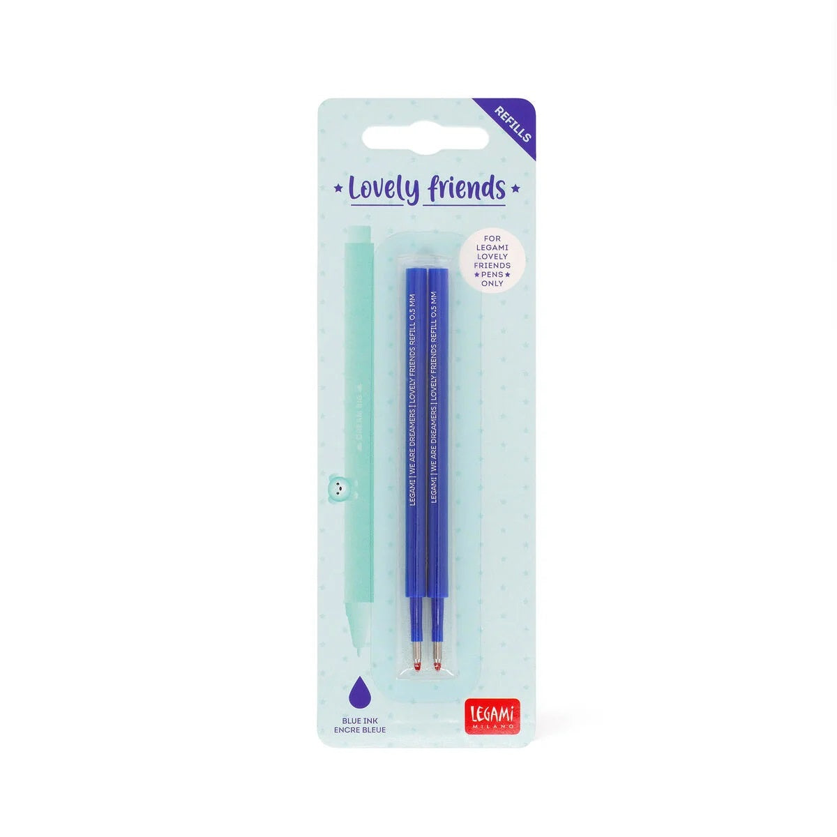 Legami Erasable Lovely Friends Gel Pen Refills - 2 Pack - Blue