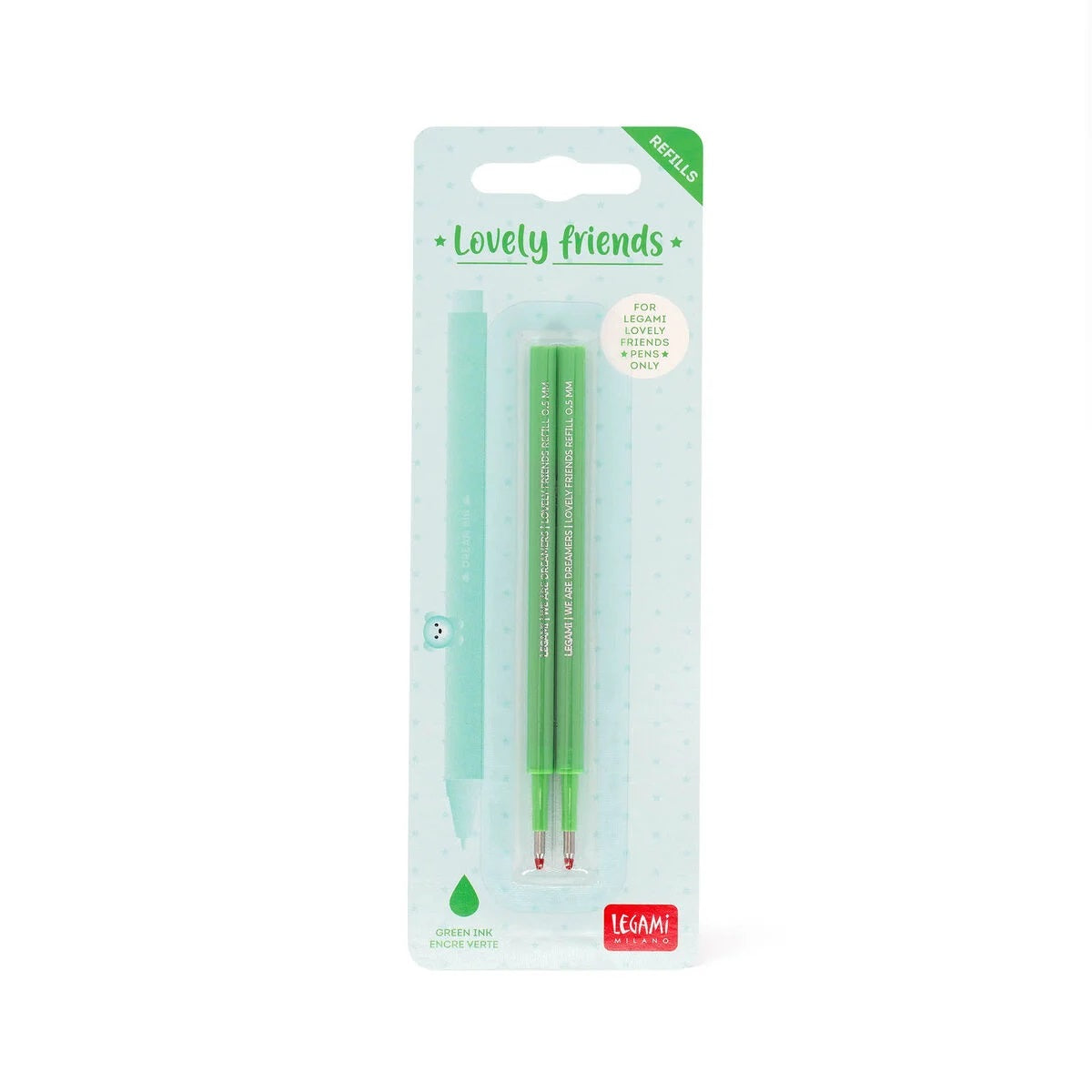 Legami Erasable Lovely Friends Gel Pen Refills - 2 Pack - Green